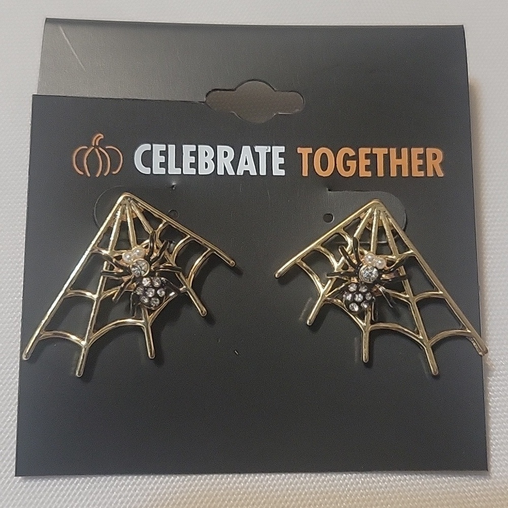 Halloween Gold Tone Crystal Spider earrings